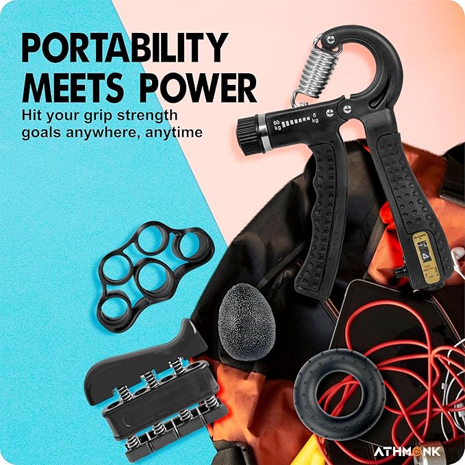 Athmonk Hand Gripper Kit - Hand Exercise Physiotherapy Equipments - Finger Strengthener & Stretcher - Stress Buster Gripper Ball - Adjustable Hand Gripper - Hand Grip Donut Ring - 5 Pcs Set